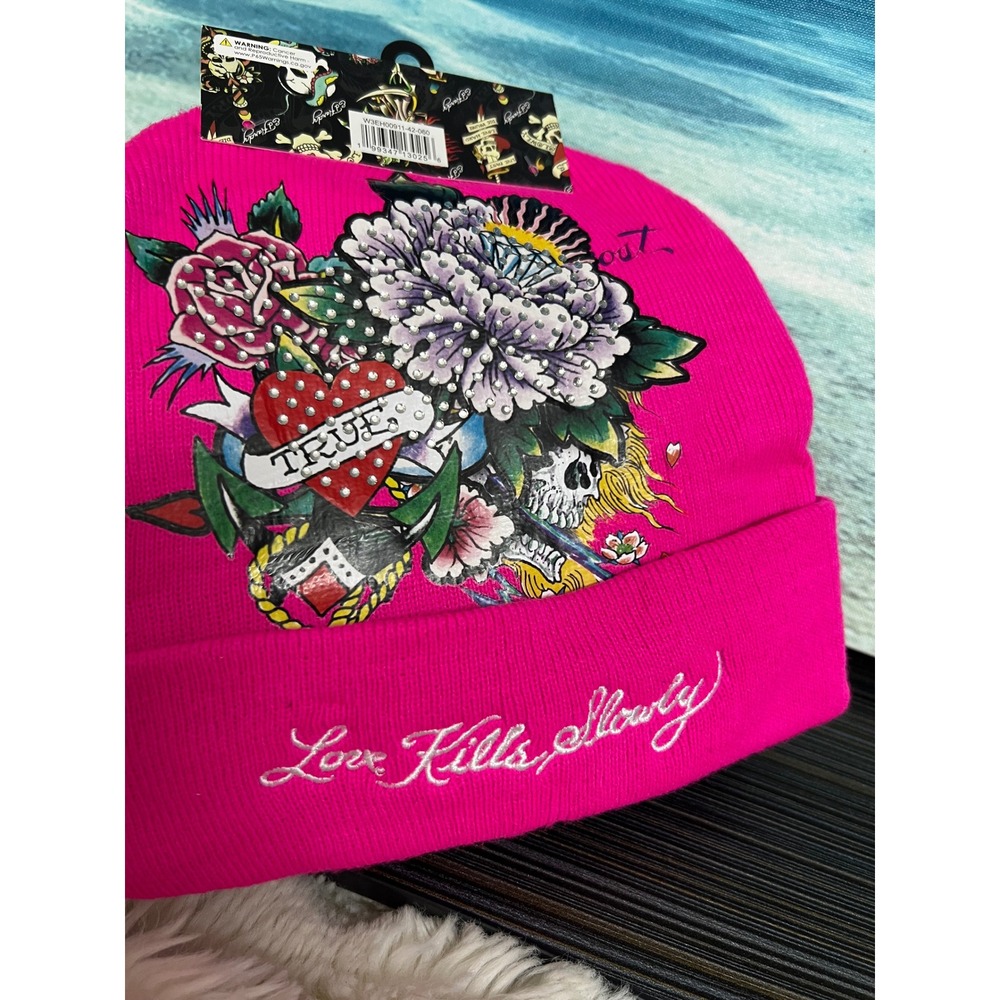 🎁Ed Hardy 2 Pack Beanies Black Pink Love Kills Slowly Rhinestone Hats - Picture 7 of 8